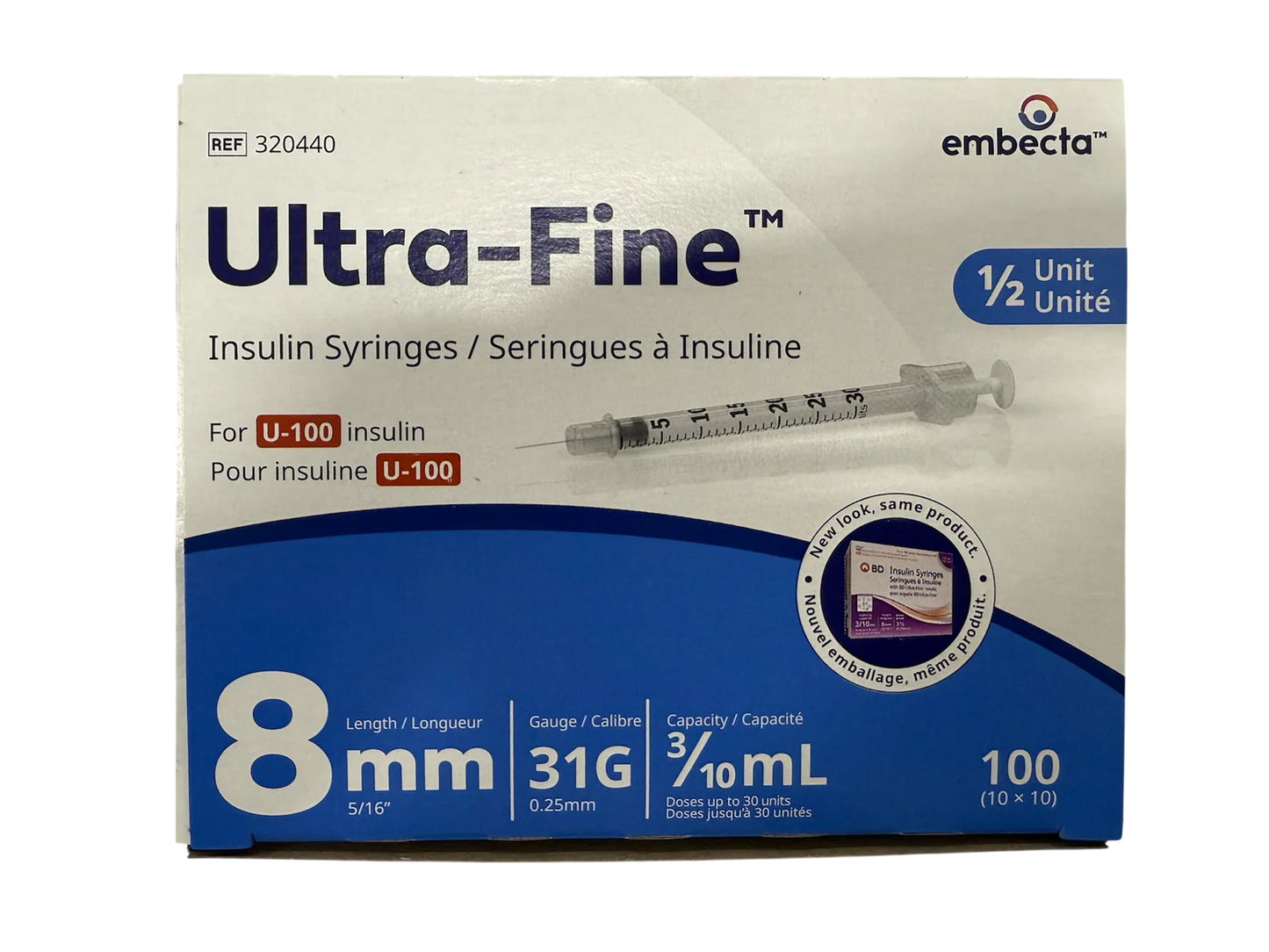 BD (Embecta) Ultra-Fine 0.3ml Insulin Syringe with 31g x 8mm Thin Wall Needle Sterile – Box of 100
